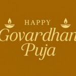 Elegant Annakut greeting card, Happy govardhan puja indian festival celebration greeting background,Families celebrating Goverdhan Puja,Devotees arranging Annakut food offerings in front of Lord Krishna idol,Families celebrating Goverdhan Puja at home with traditional rituals