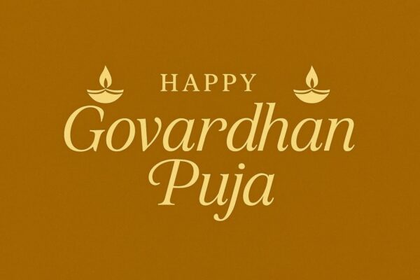 Elegant Annakut greeting card, Happy govardhan puja indian festival celebration greeting background,Families celebrating Goverdhan Puja,Devotees arranging Annakut food offerings in front of Lord Krishna idol,Families celebrating Goverdhan Puja at home with traditional rituals