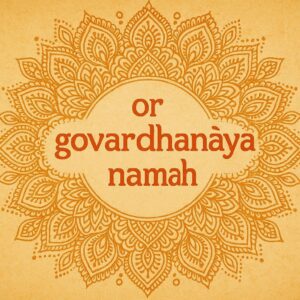 Elegant Annakut greeting card, Happy govardhan puja indian festival celebration greeting background,Families celebrating Goverdhan Puja,Devotees arranging Annakut food offerings in front of Lord Krishna idol,Families celebrating Goverdhan Puja at home with traditional rituals