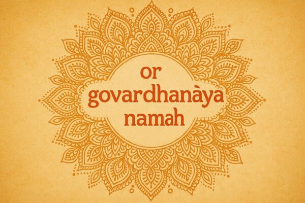 Elegant Annakut greeting card, Happy govardhan puja indian festival celebration greeting background,Families celebrating Goverdhan Puja,Devotees arranging Annakut food offerings in front of Lord Krishna idol,Families celebrating Goverdhan Puja at home with traditional rituals