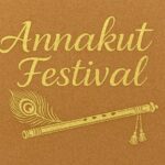 Elegant Annakut greeting card, Happy govardhan puja indian festival celebration greeting background,Families celebrating Goverdhan Puja,Devotees arranging Annakut food offerings in front of Lord Krishna idol,Families celebrating Goverdhan Puja at home with traditional rituals