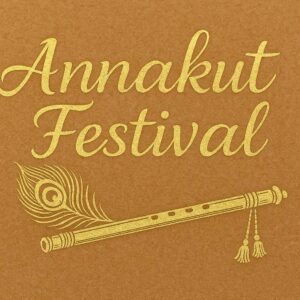 Elegant Annakut greeting card, Happy govardhan puja indian festival celebration greeting background,Families celebrating Goverdhan Puja,Devotees arranging Annakut food offerings in front of Lord Krishna idol,Families celebrating Goverdhan Puja at home with traditional rituals