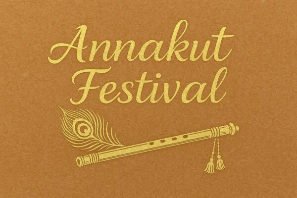 Elegant Annakut greeting card, Happy govardhan puja indian festival celebration greeting background,Families celebrating Goverdhan Puja,Devotees arranging Annakut food offerings in front of Lord Krishna idol,Families celebrating Goverdhan Puja at home with traditional rituals