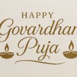 Elegant Annakut greeting card, Happy govardhan puja indian festival celebration greeting background,Families celebrating Goverdhan Puja,Devotees arranging Annakut food offerings in front of Lord Krishna idol,Families celebrating Goverdhan Puja at home with traditional rituals