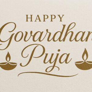 Elegant Annakut greeting card, Happy govardhan puja indian festival celebration greeting background,Families celebrating Goverdhan Puja,Devotees arranging Annakut food offerings in front of Lord Krishna idol,Families celebrating Goverdhan Puja at home with traditional rituals