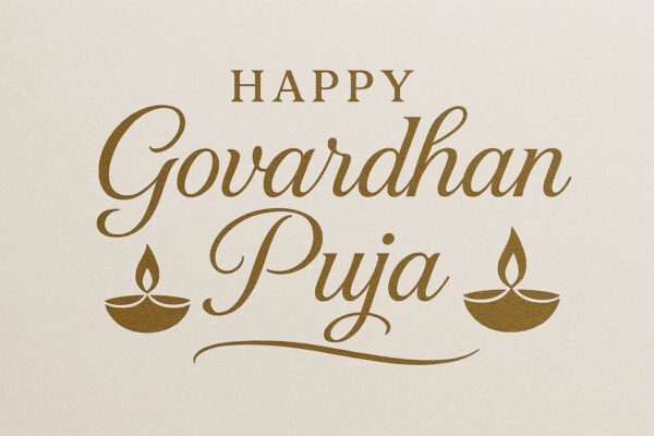 Elegant Annakut greeting card, Happy govardhan puja indian festival celebration greeting background,Families celebrating Goverdhan Puja,Devotees arranging Annakut food offerings in front of Lord Krishna idol,Families celebrating Goverdhan Puja at home with traditional rituals
