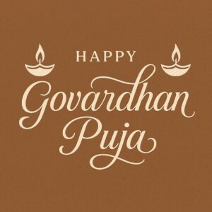 Elegant Annakut greeting card, Happy govardhan puja indian festival celebration greeting background,Families celebrating Goverdhan Puja,Devotees arranging Annakut food offerings in front of Lord Krishna idol,Families celebrating Goverdhan Puja at home with traditional rituals