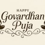 Elegant Annakut greeting card, Happy govardhan puja indian festival celebration greeting background,Families celebrating Goverdhan Puja,Devotees arranging Annakut food offerings in front of Lord Krishna idol,Families celebrating Goverdhan Puja at home with traditional rituals