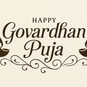 Elegant Annakut greeting card, Happy govardhan puja indian festival celebration greeting background,Families celebrating Goverdhan Puja,Devotees arranging Annakut food offerings in front of Lord Krishna idol,Families celebrating Goverdhan Puja at home with traditional rituals