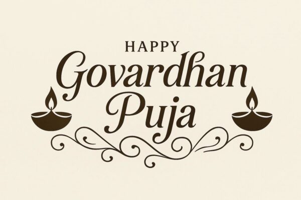 Elegant Annakut greeting card, Happy govardhan puja indian festival celebration greeting background,Families celebrating Goverdhan Puja,Devotees arranging Annakut food offerings in front of Lord Krishna idol,Families celebrating Goverdhan Puja at home with traditional rituals