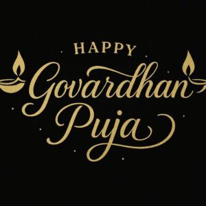 Elegant Annakut greeting card, Happy govardhan puja indian festival celebration greeting background,Families celebrating Goverdhan Puja,Devotees arranging Annakut food offerings in front of Lord Krishna idol,Families celebrating Goverdhan Puja at home with traditional rituals