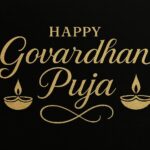 Elegant Annakut greeting card, Happy govardhan puja indian festival celebration greeting background,Families celebrating Goverdhan Puja,Devotees arranging Annakut food offerings in front of Lord Krishna idol,Families celebrating Goverdhan Puja at home with traditional rituals