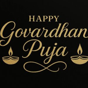 Elegant Annakut greeting card, Happy govardhan puja indian festival celebration greeting background,Families celebrating Goverdhan Puja,Devotees arranging Annakut food offerings in front of Lord Krishna idol,Families celebrating Goverdhan Puja at home with traditional rituals