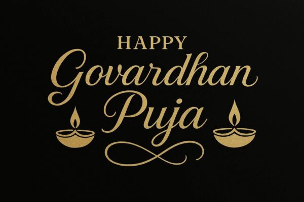 Elegant Annakut greeting card, Happy govardhan puja indian festival celebration greeting background,Families celebrating Goverdhan Puja,Devotees arranging Annakut food offerings in front of Lord Krishna idol,Families celebrating Goverdhan Puja at home with traditional rituals