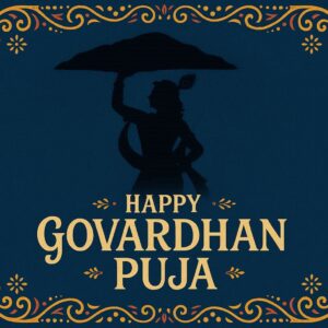 Minimalist Goverdhan Puja poster – Line art of Krishna lifting mountain, Elegant Annakut greeting card, Happy govardhan puja indian festival celebration greeting background,Families celebrating Goverdhan Puja,Devotees arranging Annakut food offerings in front of Lord Krishna idol,Families celebrating Goverdhan Puja at home with traditional rituals