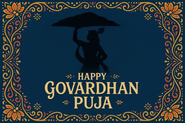 Minimalist Goverdhan Puja poster – Line art of Krishna lifting mountain, Elegant Annakut greeting card, Happy govardhan puja indian festival celebration greeting background,Families celebrating Goverdhan Puja,Devotees arranging Annakut food offerings in front of Lord Krishna idol,Families celebrating Goverdhan Puja at home with traditional rituals