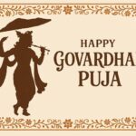 Minimalist Goverdhan Puja poster – Line art of Krishna lifting mountain, Elegant Annakut greeting card, Happy govardhan puja indian festival celebration greeting background,Families celebrating Goverdhan Puja,Devotees arranging Annakut food offerings in front of Lord Krishna idol,Families celebrating Goverdhan Puja at home with traditional rituals