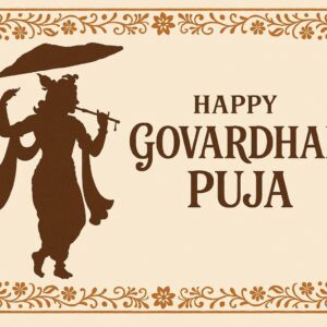 Minimalist Goverdhan Puja poster – Line art of Krishna lifting mountain, Elegant Annakut greeting card, Happy govardhan puja indian festival celebration greeting background,Families celebrating Goverdhan Puja,Devotees arranging Annakut food offerings in front of Lord Krishna idol,Families celebrating Goverdhan Puja at home with traditional rituals