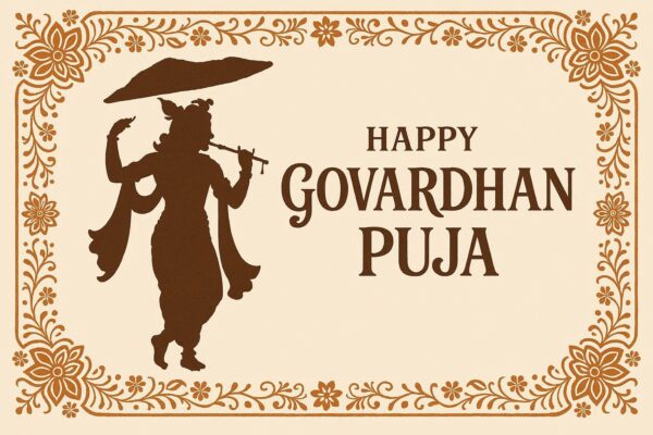 Minimalist Goverdhan Puja poster – Line art of Krishna lifting mountain, Elegant Annakut greeting card, Happy govardhan puja indian festival celebration greeting background,Families celebrating Goverdhan Puja,Devotees arranging Annakut food offerings in front of Lord Krishna idol,Families celebrating Goverdhan Puja at home with traditional rituals