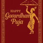 Minimalist Goverdhan Puja poster – Line art of Krishna lifting mountain, Elegant Annakut greeting card, Happy govardhan puja indian festival celebration greeting background,Families celebrating Goverdhan Puja,Devotees arranging Annakut food offerings in front of Lord Krishna idol,Families celebrating Goverdhan Puja at home with traditional rituals