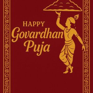 Minimalist Goverdhan Puja poster – Line art of Krishna lifting mountain, Elegant Annakut greeting card, Happy govardhan puja indian festival celebration greeting background,Families celebrating Goverdhan Puja,Devotees arranging Annakut food offerings in front of Lord Krishna idol,Families celebrating Goverdhan Puja at home with traditional rituals