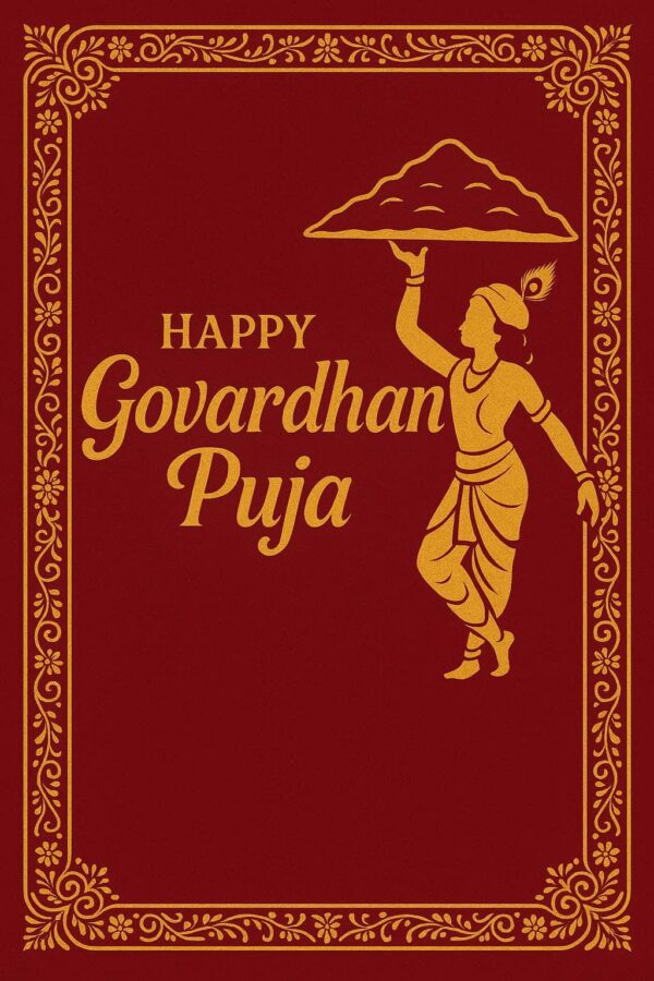 Minimalist Goverdhan Puja poster – Line art of Krishna lifting mountain, Elegant Annakut greeting card, Happy govardhan puja indian festival celebration greeting background,Families celebrating Goverdhan Puja,Devotees arranging Annakut food offerings in front of Lord Krishna idol,Families celebrating Goverdhan Puja at home with traditional rituals