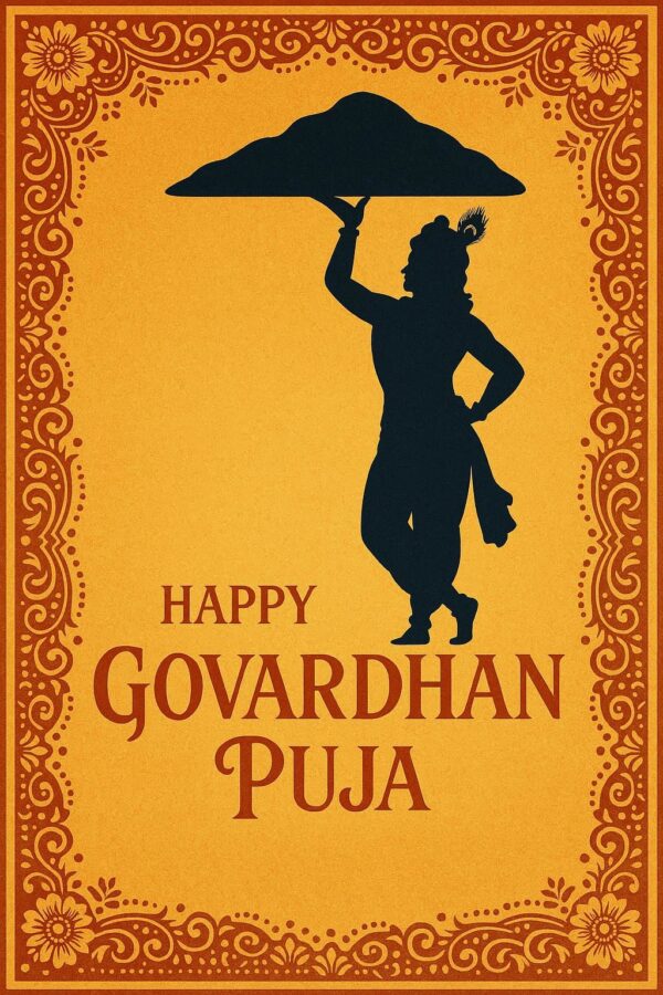 Minimalist Goverdhan Puja poster – Line art of Krishna lifting mountain, Elegant Annakut greeting card, Happy govardhan puja indian festival celebration greeting background,Families celebrating Goverdhan Puja,Devotees arranging Annakut food offerings in front of Lord Krishna idol,Families celebrating Goverdhan Puja at home with traditional rituals