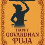 Minimalist Goverdhan Puja poster – Line art of Krishna lifting mountain, Elegant Annakut greeting card, Happy govardhan puja indian festival celebration greeting background,Families celebrating Goverdhan Puja,Devotees arranging Annakut food offerings in front of Lord Krishna idol,Families celebrating Goverdhan Puja at home with traditional rituals