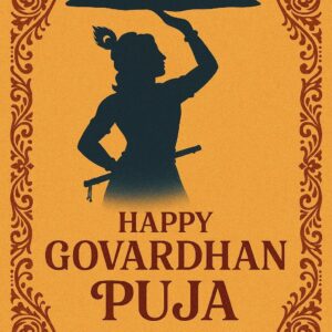 Minimalist Goverdhan Puja poster – Line art of Krishna lifting mountain, Elegant Annakut greeting card, Happy govardhan puja indian festival celebration greeting background,Families celebrating Goverdhan Puja,Devotees arranging Annakut food offerings in front of Lord Krishna idol,Families celebrating Goverdhan Puja at home with traditional rituals