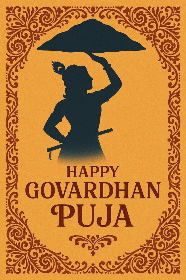 Minimalist Goverdhan Puja poster – Line art of Krishna lifting mountain, Elegant Annakut greeting card, Happy govardhan puja indian festival celebration greeting background,Families celebrating Goverdhan Puja,Devotees arranging Annakut food offerings in front of Lord Krishna idol,Families celebrating Goverdhan Puja at home with traditional rituals