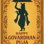 Minimalist Goverdhan Puja poster – Line art of Krishna lifting mountain, Elegant Annakut greeting card, Happy govardhan puja indian festival celebration greeting background,Families celebrating Goverdhan Puja,Devotees arranging Annakut food offerings in front of Lord Krishna idol,Families celebrating Goverdhan Puja at home with traditional rituals