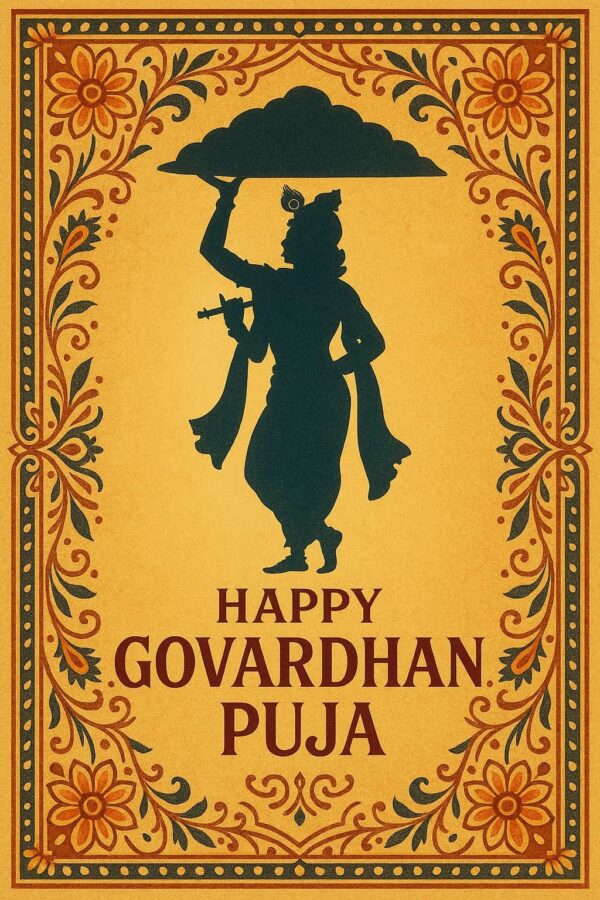 Minimalist Goverdhan Puja poster – Line art of Krishna lifting mountain, Elegant Annakut greeting card, Happy govardhan puja indian festival celebration greeting background,Families celebrating Goverdhan Puja,Devotees arranging Annakut food offerings in front of Lord Krishna idol,Families celebrating Goverdhan Puja at home with traditional rituals