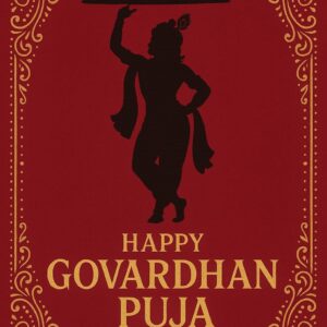 Minimalist Goverdhan Puja poster – Line art of Krishna lifting mountain, Elegant Annakut greeting card, Happy govardhan puja indian festival celebration greeting background,Families celebrating Goverdhan Puja,Devotees arranging Annakut food offerings in front of Lord Krishna idol,Families celebrating Goverdhan Puja at home with traditional rituals