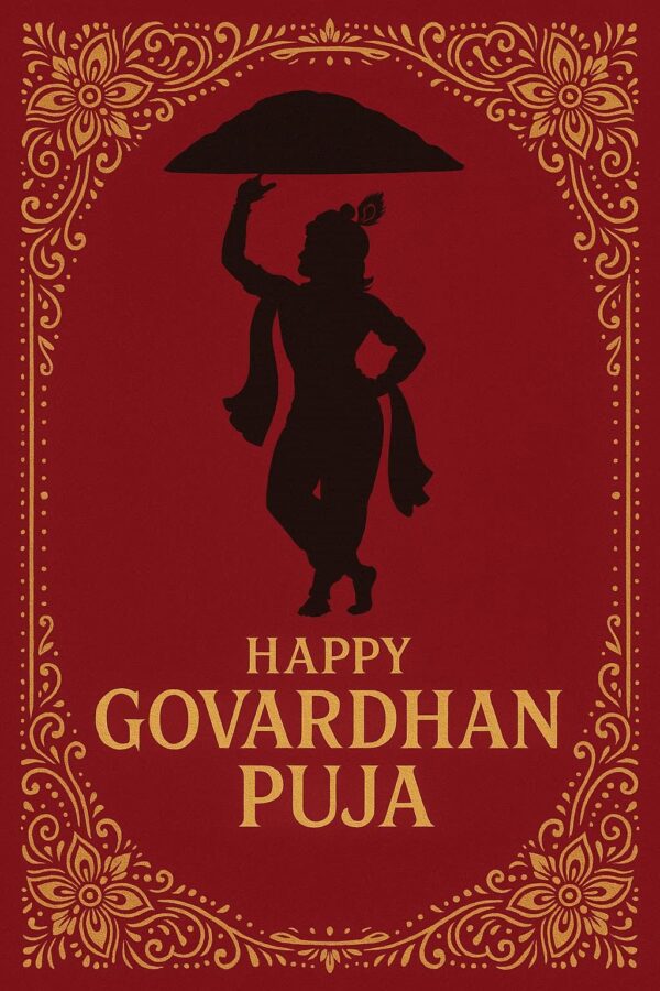 Minimalist Goverdhan Puja poster – Line art of Krishna lifting mountain, Elegant Annakut greeting card, Happy govardhan puja indian festival celebration greeting background,Families celebrating Goverdhan Puja,Devotees arranging Annakut food offerings in front of Lord Krishna idol,Families celebrating Goverdhan Puja at home with traditional rituals