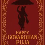 Minimalist Goverdhan Puja poster – Line art of Krishna lifting mountain, Elegant Annakut greeting card, Happy govardhan puja indian festival celebration greeting background,Families celebrating Goverdhan Puja,Devotees arranging Annakut food offerings in front of Lord Krishna idol,Families celebrating Goverdhan Puja at home with traditional rituals