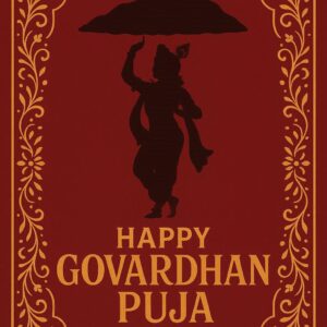 Minimalist Goverdhan Puja poster – Line art of Krishna lifting mountain, Elegant Annakut greeting card, Happy govardhan puja indian festival celebration greeting background,Families celebrating Goverdhan Puja,Devotees arranging Annakut food offerings in front of Lord Krishna idol,Families celebrating Goverdhan Puja at home with traditional rituals