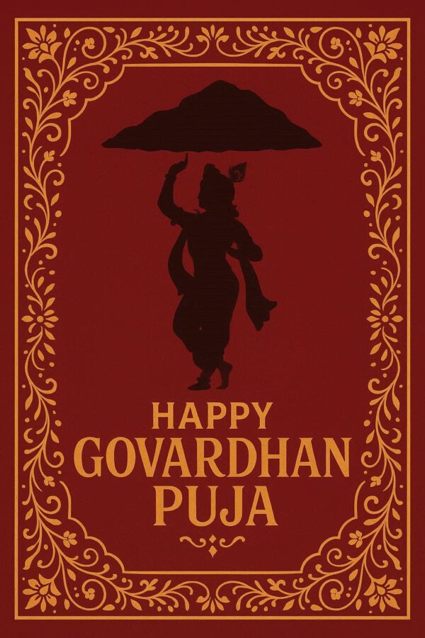 Minimalist Goverdhan Puja poster – Line art of Krishna lifting mountain, Elegant Annakut greeting card, Happy govardhan puja indian festival celebration greeting background,Families celebrating Goverdhan Puja,Devotees arranging Annakut food offerings in front of Lord Krishna idol,Families celebrating Goverdhan Puja at home with traditional rituals