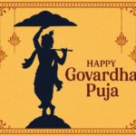 Minimalist Goverdhan Puja poster – Line art of Krishna lifting mountain, Elegant Annakut greeting card, Happy govardhan puja indian festival celebration greeting background,Families celebrating Goverdhan Puja,Devotees arranging Annakut food offerings in front of Lord Krishna idol,Families celebrating Goverdhan Puja at home with traditional rituals
