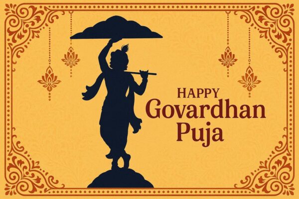 Minimalist Goverdhan Puja poster – Line art of Krishna lifting mountain, Elegant Annakut greeting card, Happy govardhan puja indian festival celebration greeting background,Families celebrating Goverdhan Puja,Devotees arranging Annakut food offerings in front of Lord Krishna idol,Families celebrating Goverdhan Puja at home with traditional rituals