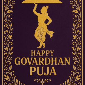 Minimalist Goverdhan Puja poster – Line art of Krishna lifting mountain, Elegant Annakut greeting card, Happy govardhan puja indian festival celebration greeting background,Families celebrating Goverdhan Puja,Devotees arranging Annakut food offerings in front of Lord Krishna idol,Families celebrating Goverdhan Puja at home with traditional rituals