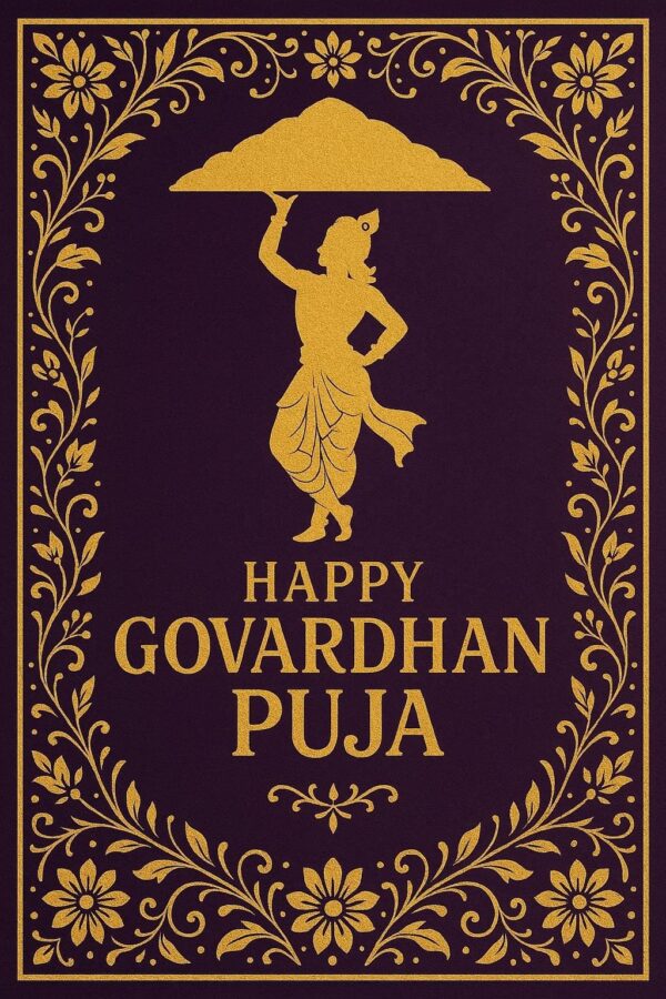 Minimalist Goverdhan Puja poster – Line art of Krishna lifting mountain, Elegant Annakut greeting card, Happy govardhan puja indian festival celebration greeting background,Families celebrating Goverdhan Puja,Devotees arranging Annakut food offerings in front of Lord Krishna idol,Families celebrating Goverdhan Puja at home with traditional rituals