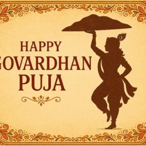 Minimalist Goverdhan Puja poster – Line art of Krishna lifting mountain, Elegant Annakut greeting card, Happy govardhan puja indian festival celebration greeting background,Families celebrating Goverdhan Puja,Devotees arranging Annakut food offerings in front of Lord Krishna idol,Families celebrating Goverdhan Puja at home with traditional rituals