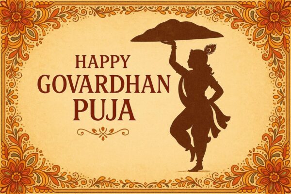Minimalist Goverdhan Puja poster – Line art of Krishna lifting mountain, Elegant Annakut greeting card, Happy govardhan puja indian festival celebration greeting background,Families celebrating Goverdhan Puja,Devotees arranging Annakut food offerings in front of Lord Krishna idol,Families celebrating Goverdhan Puja at home with traditional rituals