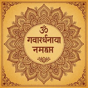 Minimalist Goverdhan Puja poster – Line art of Krishna lifting mountain, Elegant Annakut greeting card, Happy govardhan puja indian festival celebration greeting background,Families celebrating Goverdhan Puja,Devotees arranging Annakut food offerings in front of Lord Krishna idol,Families celebrating Goverdhan Puja at home with traditional rituals
