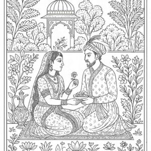 Indian Mughal and Rajsthani Art Coloring Page