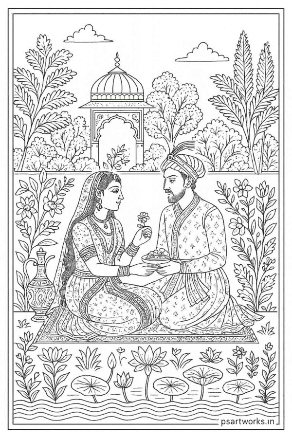Indian Mughal and Rajsthani Art Coloring Page