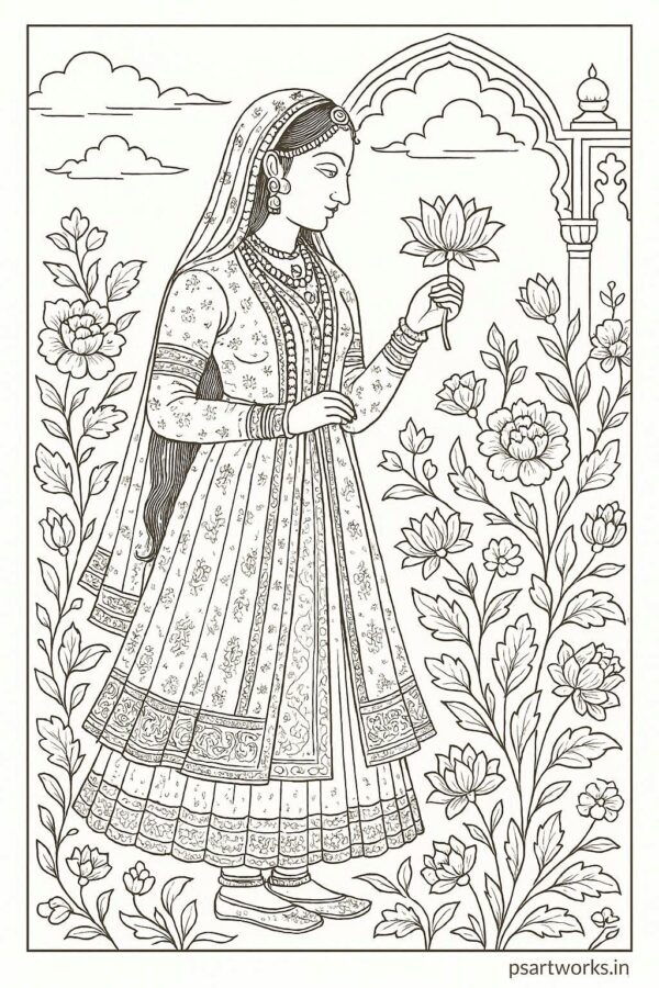 Indian Mughal and Rajsthani Art Coloring Page