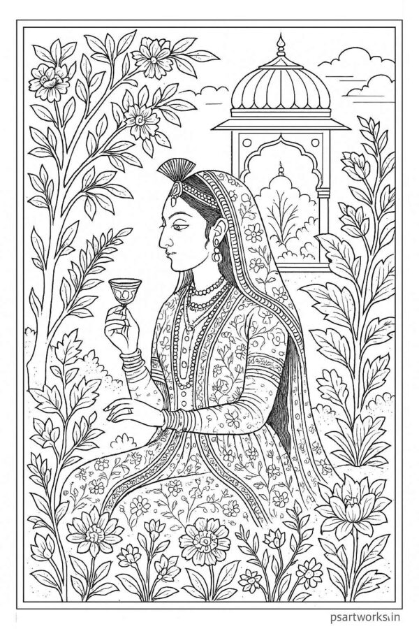 Indian Mughal and Rajsthani Art Coloring Page