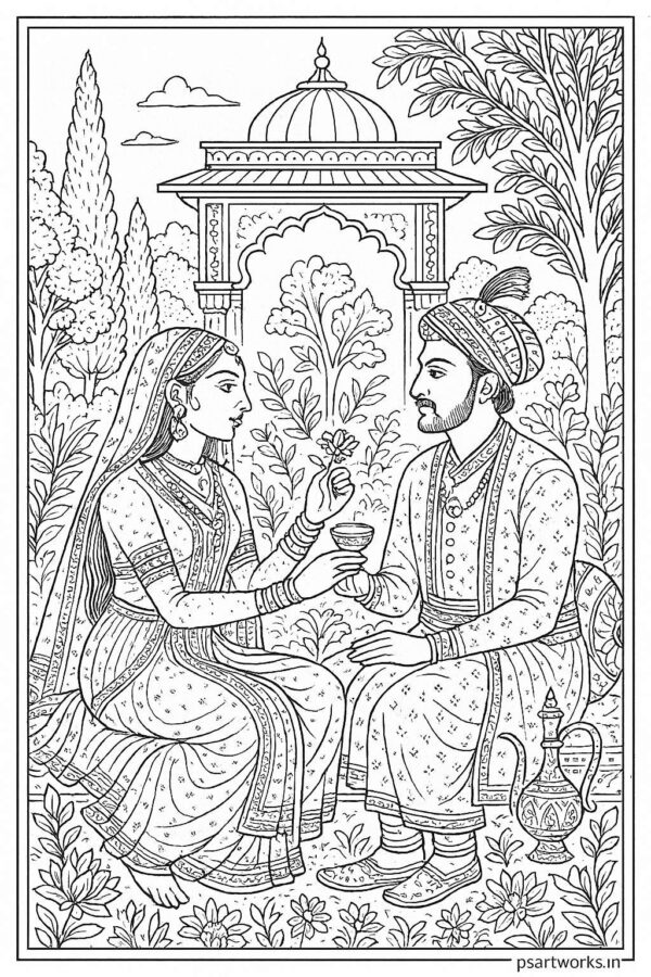 Indian Mughal and Rajsthani Art Coloring Page