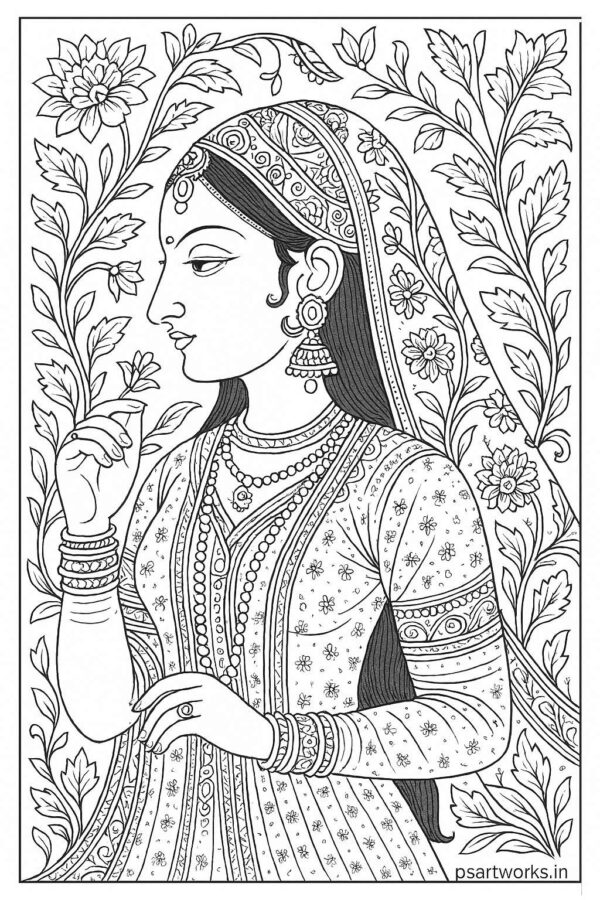 Indian Mughal and Rajsthani Art Coloring Page